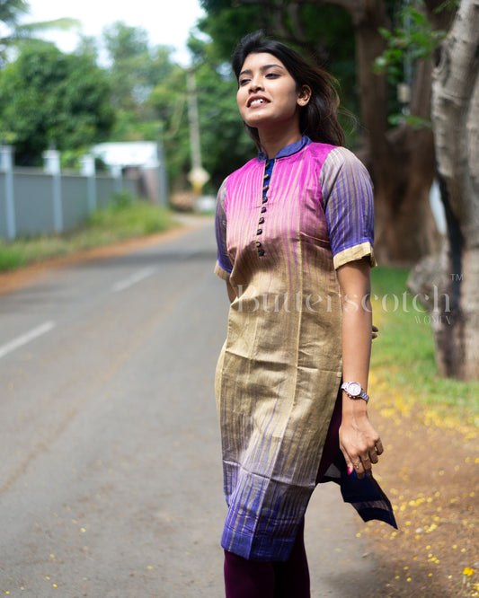 Ready to Ship: Brown And Navy Blue Raw Silk Kurti