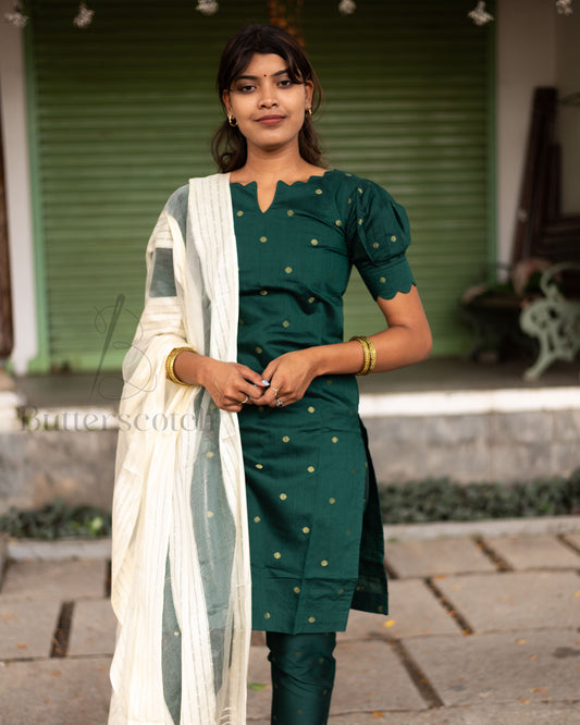 Ready to Ship: NYRA - Bottle Green Raw Silk 3 Piece Set