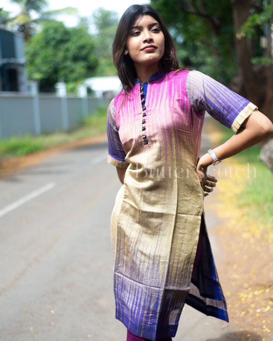 Ready to Ship: Brown And Navy Blue Raw Silk Kurti
