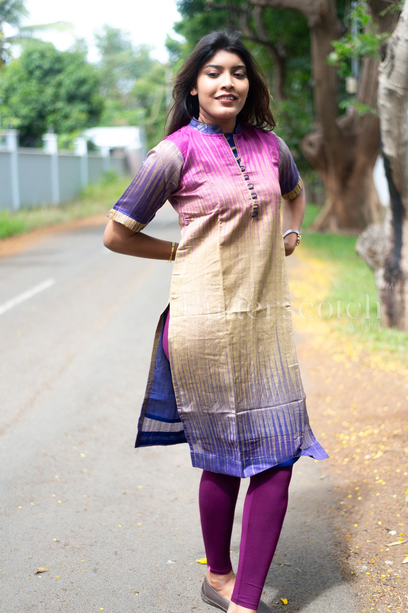 Ready to Ship: Brown And Navy Blue Raw Silk Kurti