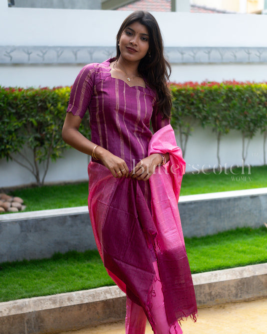 Ready to Ship: Purple And Pink Tussar 3 PC Set Close Neck