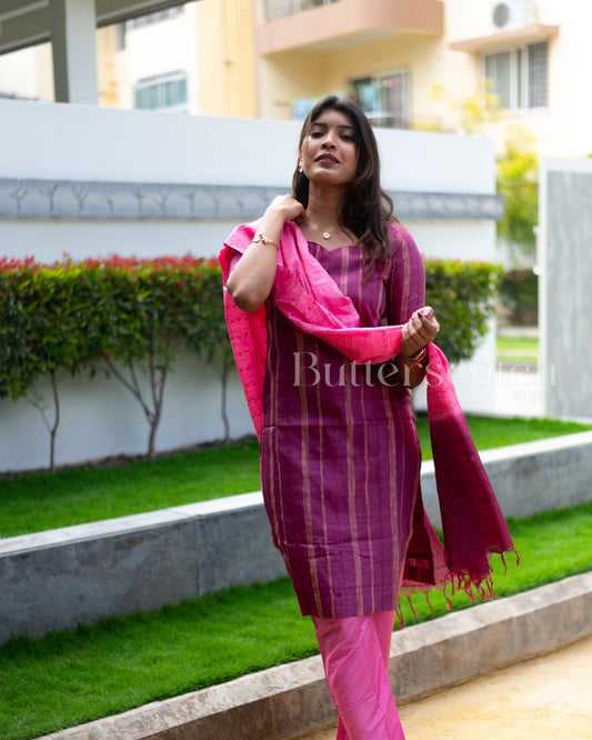 Ready to Ship: Purple And Pink Tussar 3 PC Set Close Neck