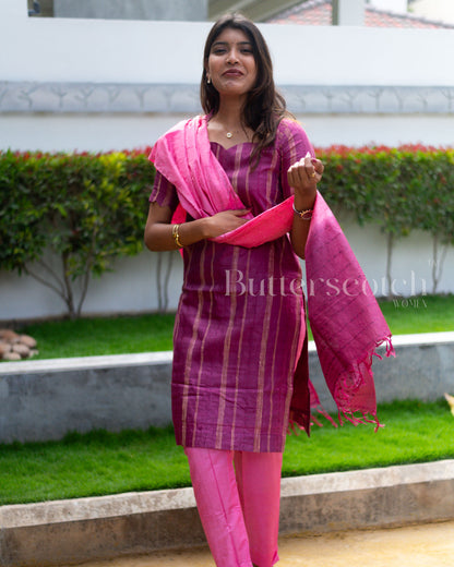 Ready to Ship: Purple And Pink Tussar 3 PC Set Close Neck